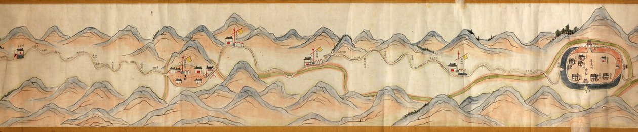 16 000. medfølgende. Orientert med nord til høyre. Relieff vist billedmessig. Fugleperspektiv. Dekker Wei-elven i Baoji Xian, Shanxi Sheng til Shu Dao i Shanxi-Sichuan-grensen. Viser boplasser, rasteplasser, stasjoner, vertshus, templer, fjelloverganger, w av Arthur W. Hummel