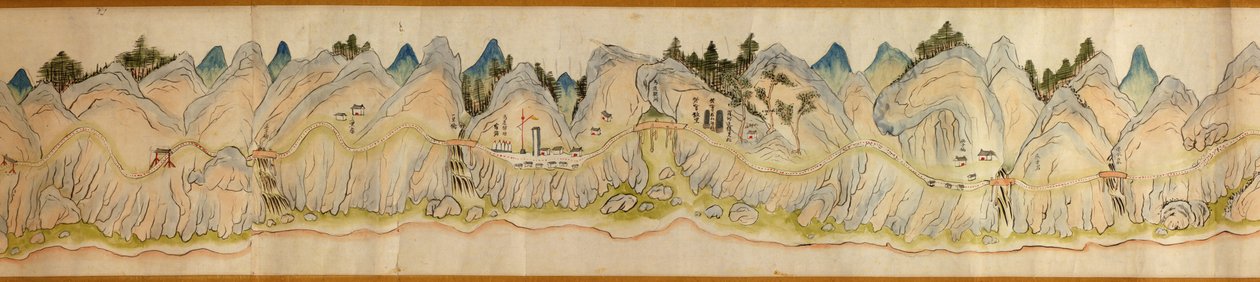 16 000. medfølgende. Orientert med nord til høyre. Relieff vist billedmessig. Fugleperspektiv. Dekker Wei-elven i Baoji Xian, Shanxi Sheng til Shu Dao i Shanxi-Sichuan-grensen. Viser boplasser, rasteplasser, stasjoner, vertshus, templer, fjelloverganger, w av Arthur W. Hummel