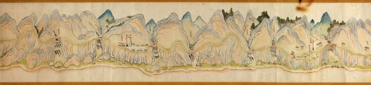 16 000. medfølgende. Orientert med nord til høyre. Relieff vist billedmessig. Fugleperspektiv. Dekker Wei-elven i Baoji Xian, Shanxi Sheng til Shu Dao i Shanxi-Sichuan-grensen. Viser boplasser, rasteplasser, stasjoner, vertshus, templer, fjelloverganger, w av Arthur W. Hummel