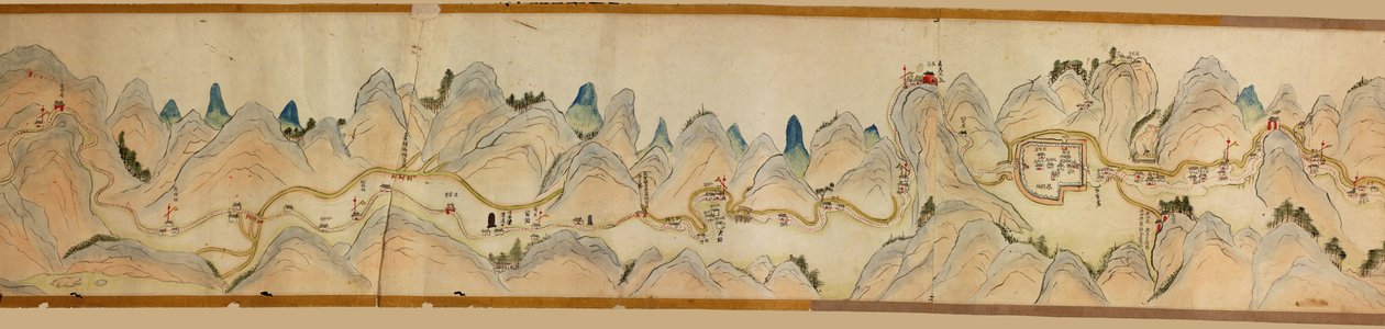 16 000. medfølgende. Orientert med nord til høyre. Relieff vist billedmessig. Fugleperspektiv. Dekker Wei-elven i Baoji Xian, Shanxi Sheng til Shu Dao i Shanxi-Sichuan-grensen. Viser boplasser, rasteplasser, stasjoner, vertshus, templer, fjelloverganger, w av Arthur W. Hummel