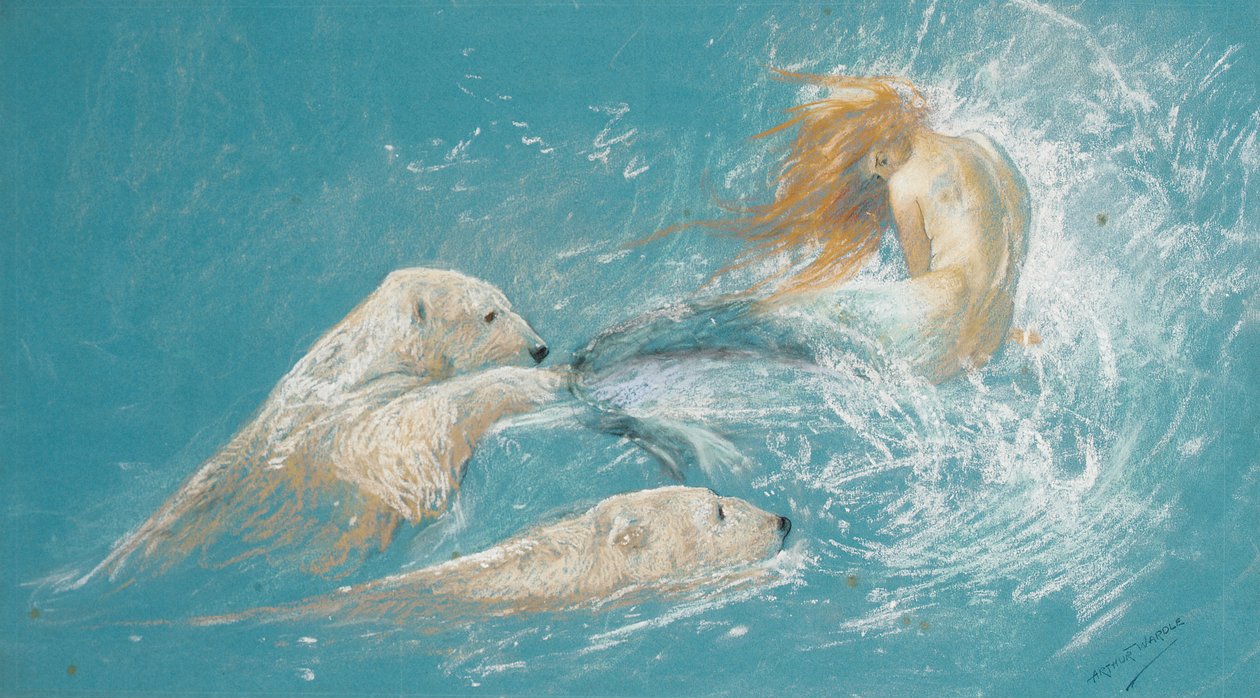 En havfrue og isbjørn (blyant og kritt på papir) av Arthur Wardle