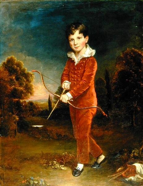 Portrett av en ung gutt i rød drakt som holder pil og bue (olje på lerret) av Arthur William Devis