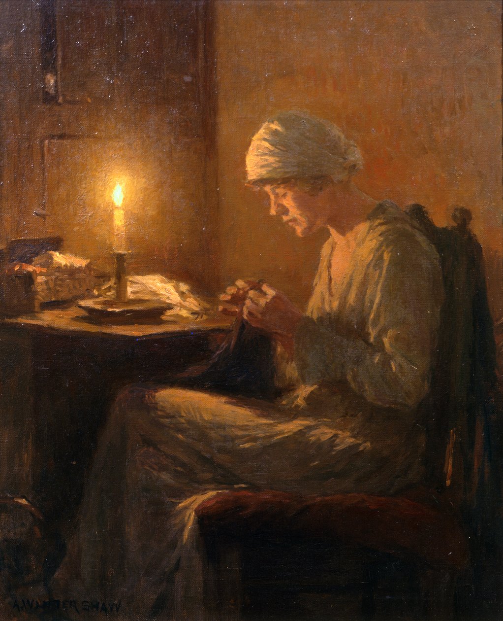 Håndarbeid av Candlelight (olje på lerret) av Arthur Winter Shaw