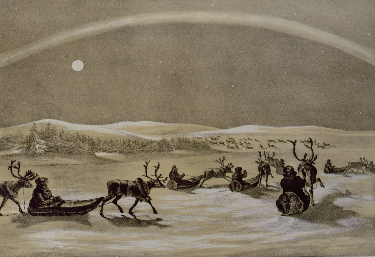 Et enestående utseende av nordlyset over en Lapplands reinsdyrflokk som krysser Jerdis Javri, fra Winter Sketches in Lappland, gravert av James Duffield Harding (1798-1863) 1825 (gravert av Arthur de Capell Brooke