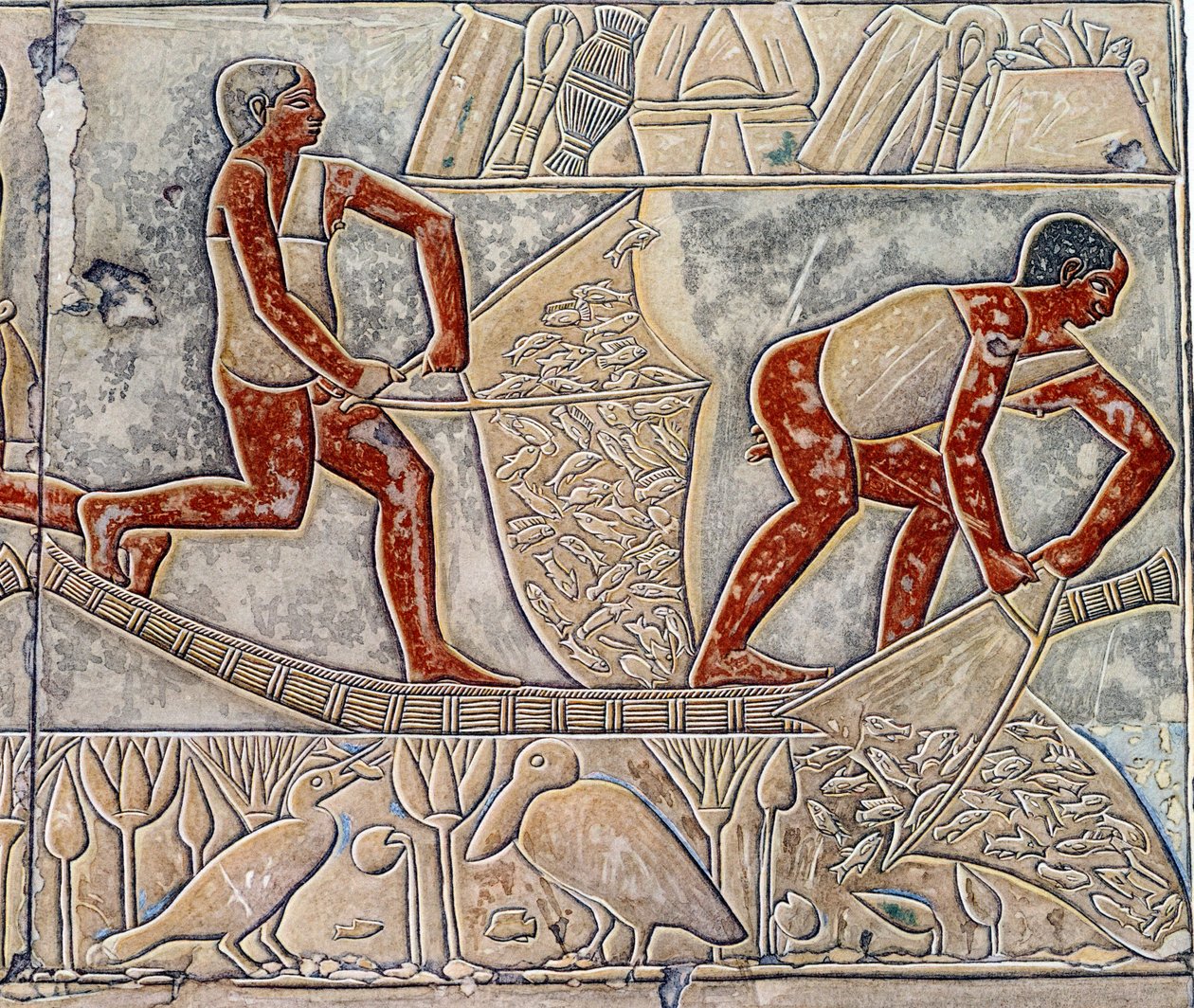 Kunst i Egypt: fiske etter utmattelse. Høyskolen ligner på Mastabaen til Mereruka. av Artist Unknown