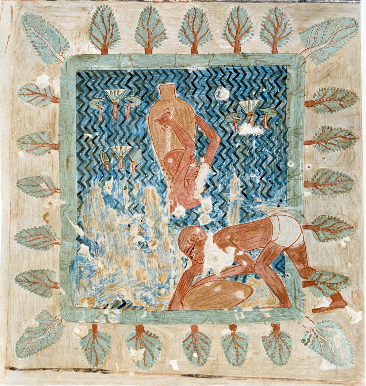 Kunst i Egypt: to tjenere som henter vann fra et fat. Similekollegium fra Rekhmires grav i Theben av Artist Unknown