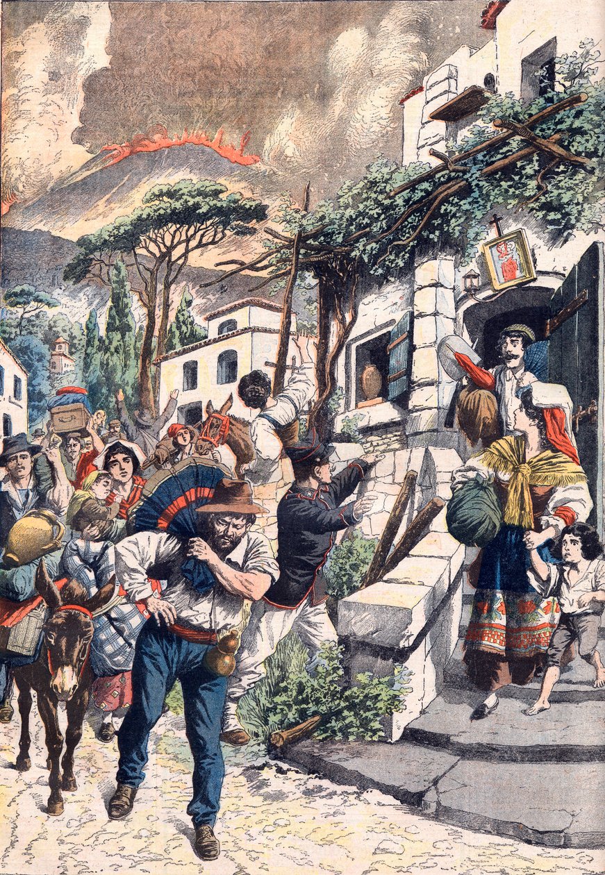 Vesuvs utbrudd, folk som flykter fra vulkanen, 1906 (trykk) av Artist Unknown