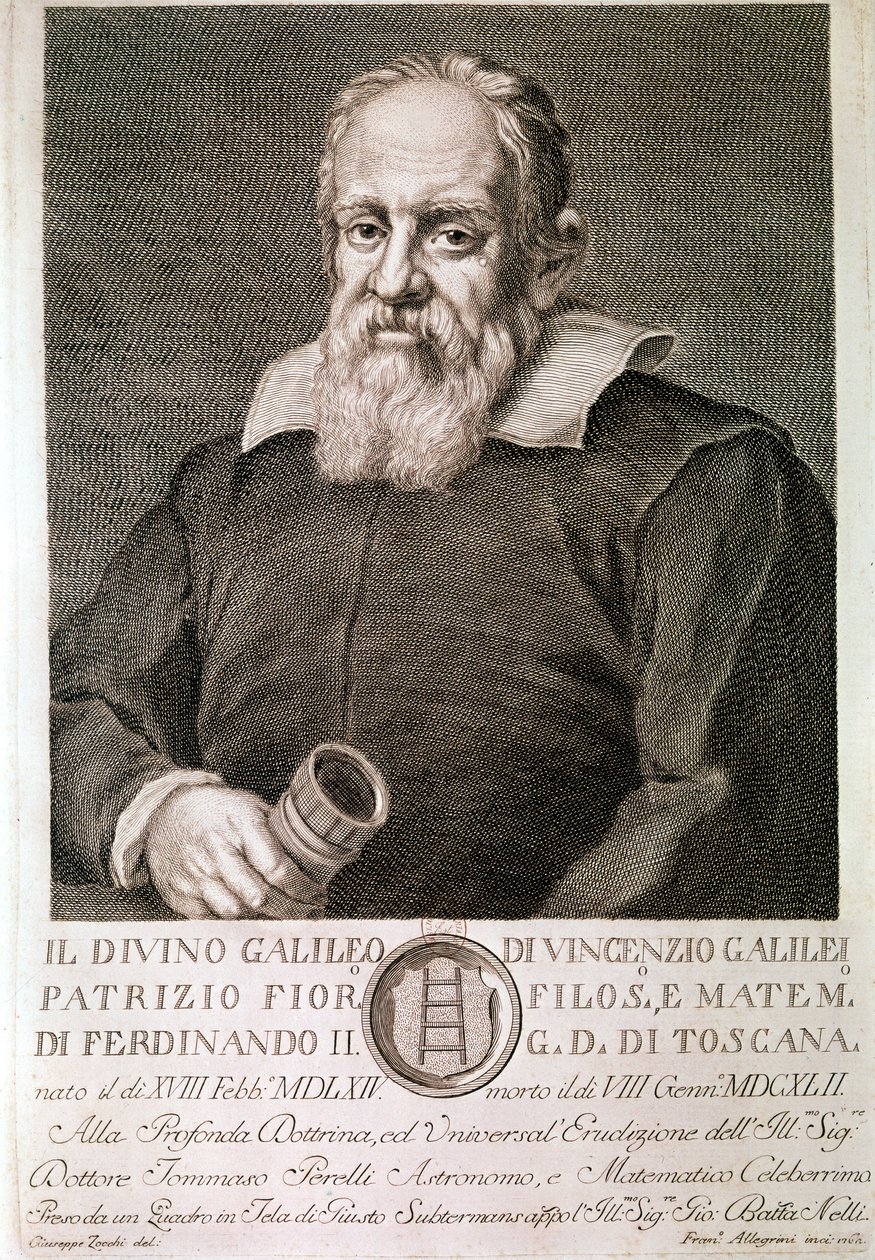 GALILEI Galileo, italiensk filosof, astronom og matematiker: Portrett (etsing) av Artist Unknown