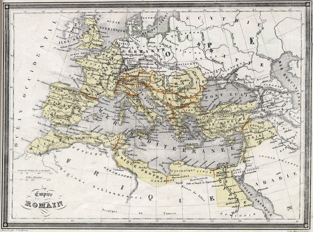Geografisk kart over Romerriket. I «Universal Atlas of Ancient and Modern Geography» av Vuillemin. cirka 1851. av Artist Unknown