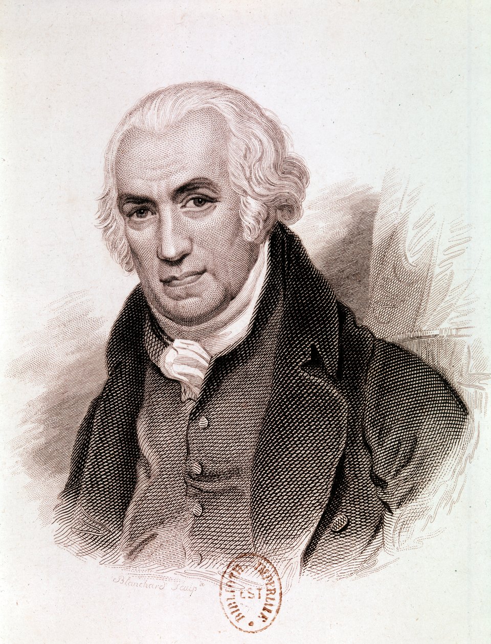 Portrett av James Watt, skotsk oppfinner, maskiningeniør og kjemiker (etsing) av Artist Unknown