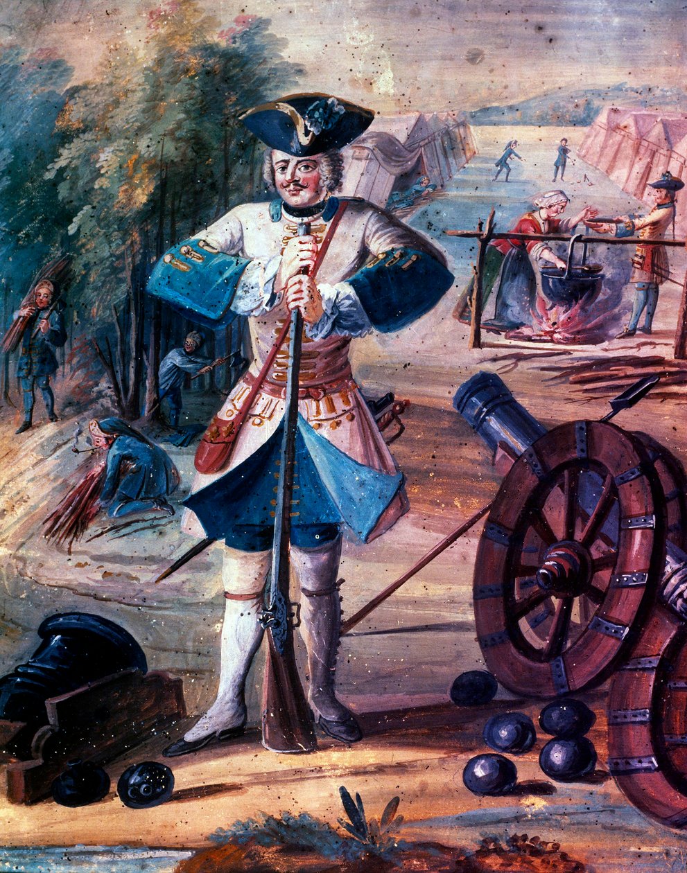 Representasjon av en infanterigrenadier fra regimentet til kong Ludvig XV (1723–1774) cirka 1740, detalj, ca. 1740 (olje på lerret) av Artist Unknown