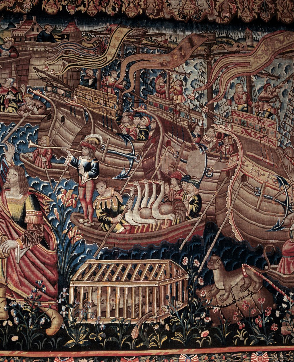 Den portugisiske sjøfareren Vasco de Gama (1459–1524) ankom Calicut i India i 1498, detalj, billedvev av Artist Unknown