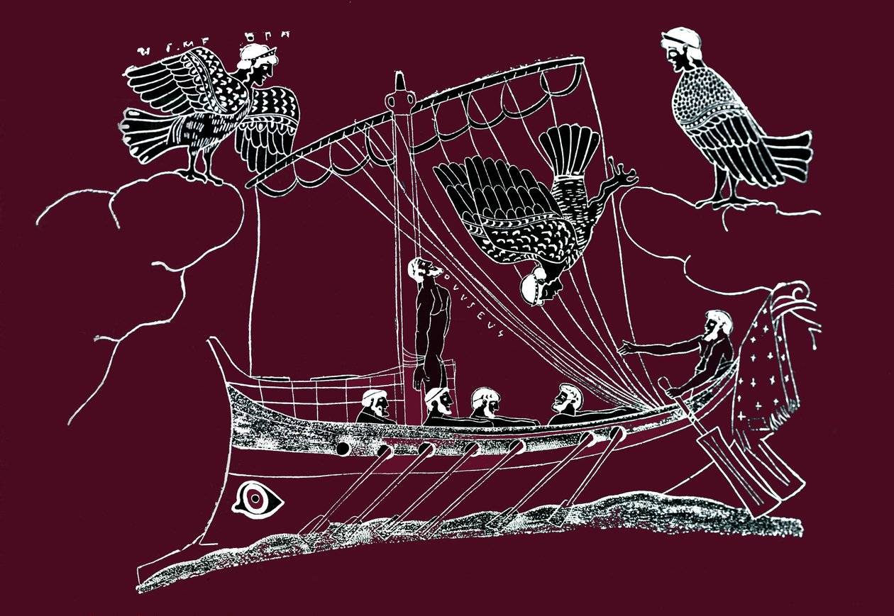 Ulysses og havfruene prøver å tiltrekke seg sjømennenes skip. Ulysses fester seg til matten på båten sin og holder følgesvennene sine i ørene. Tegning fra et maleri på vase. av Artist Unknown