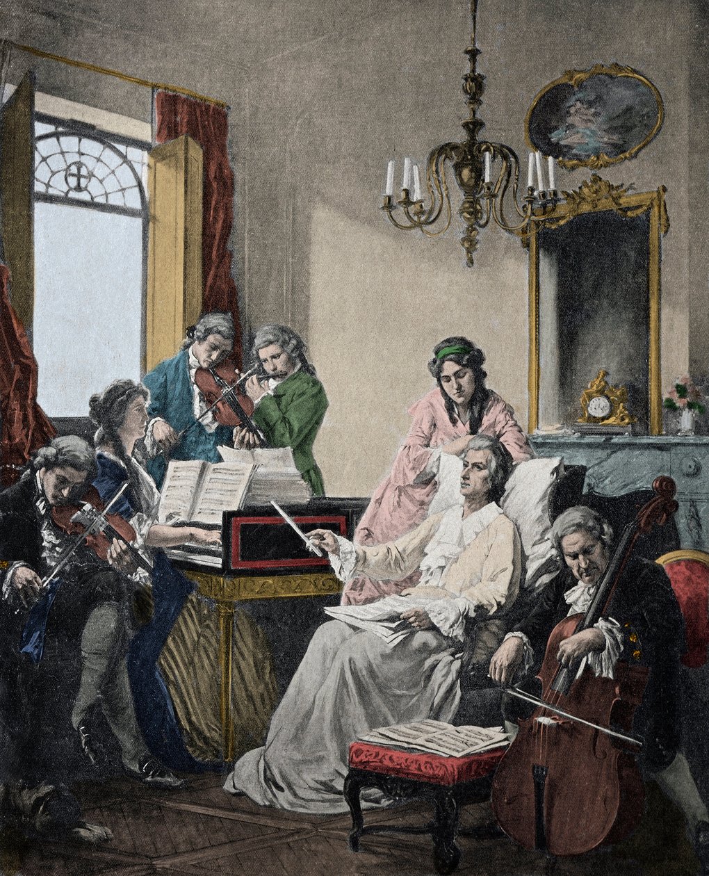 Wolfgang Amadeus Mozart (1756–1791) er døende og dirigerer et band med musikere for Requiem han nettopp fullførte (Mozart (1756–1791) dirigerte i sine siste dager en gruppe musikere for Requiem) av Artist Unknown