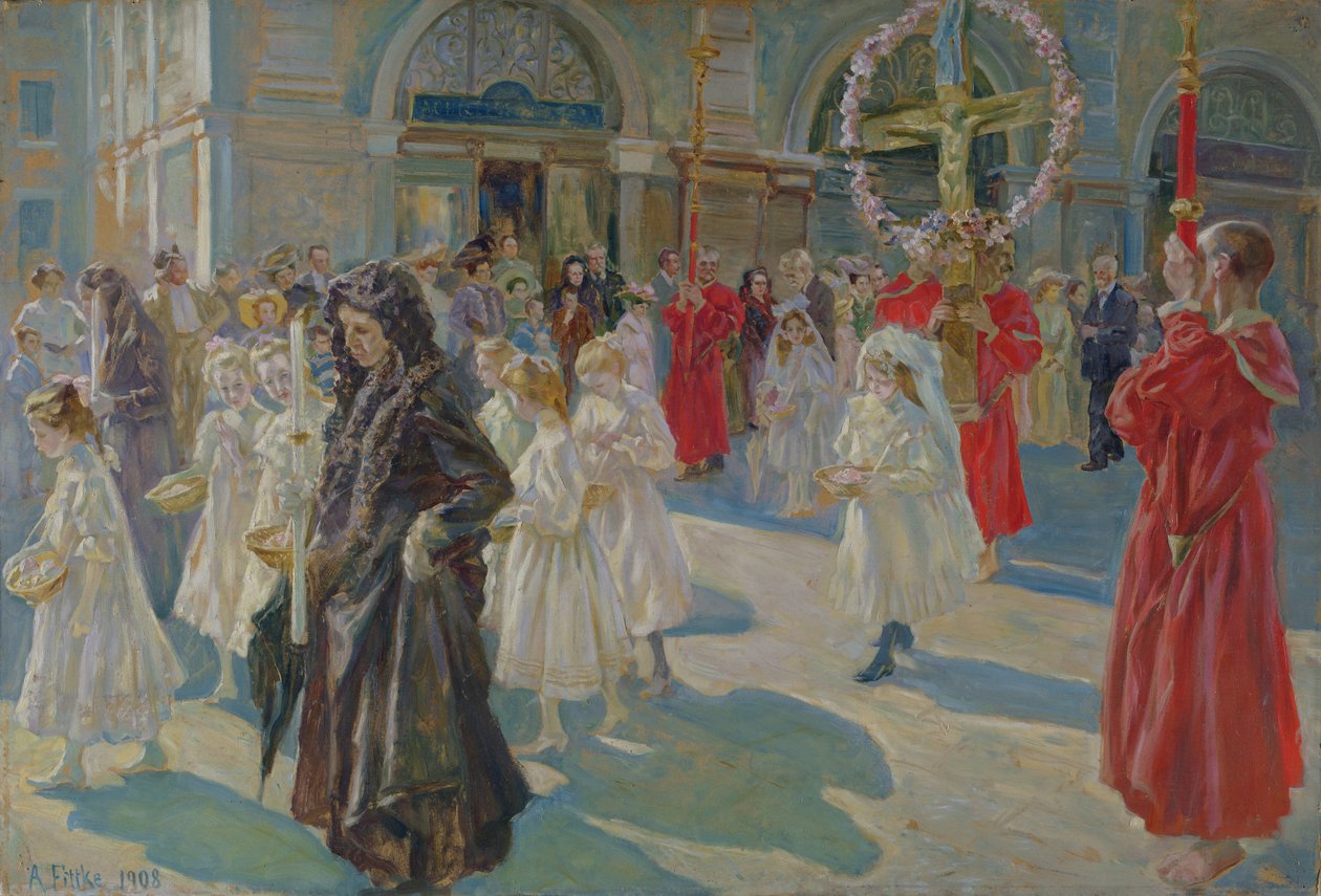 Prosesjon av Corpus Christi på Piazza Grande i Trieste, 1908 av Arturo Fittke