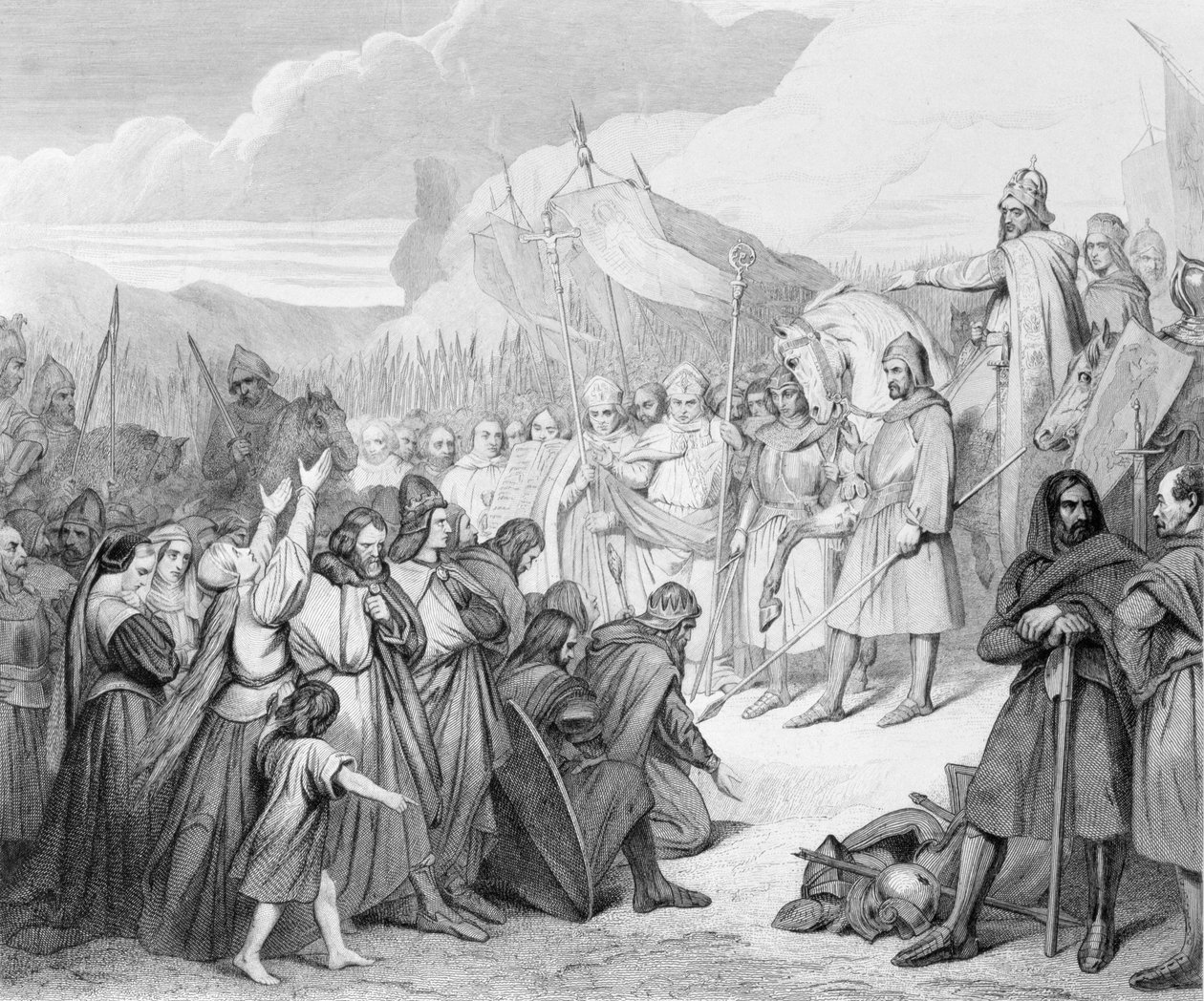 Charlemagne mottar Surrender of Witikind (sic) ved Paderborn i 785, gravert av Joubert av Ary Scheffer