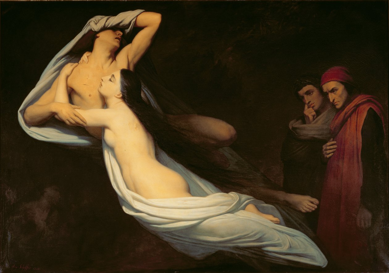 Figurene til Francesca da Rimini og Paolo da Verrucchio vises for Dante og Virgil, illustrasjon av Dantes 