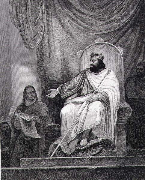 Charlemagne (742-814) utstedte Capitular of Herstal i 779, gravert av Leclerc (gravering) av Ary (after) Scheffer