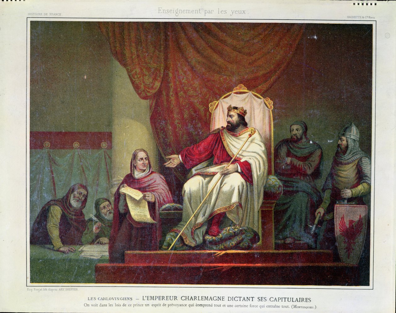 Charlemagne (742-814) Utstedte Capitular of Herstal i 779, gravert av Eugene Ronjat, ca. 1860-80 av Ary Scheffer