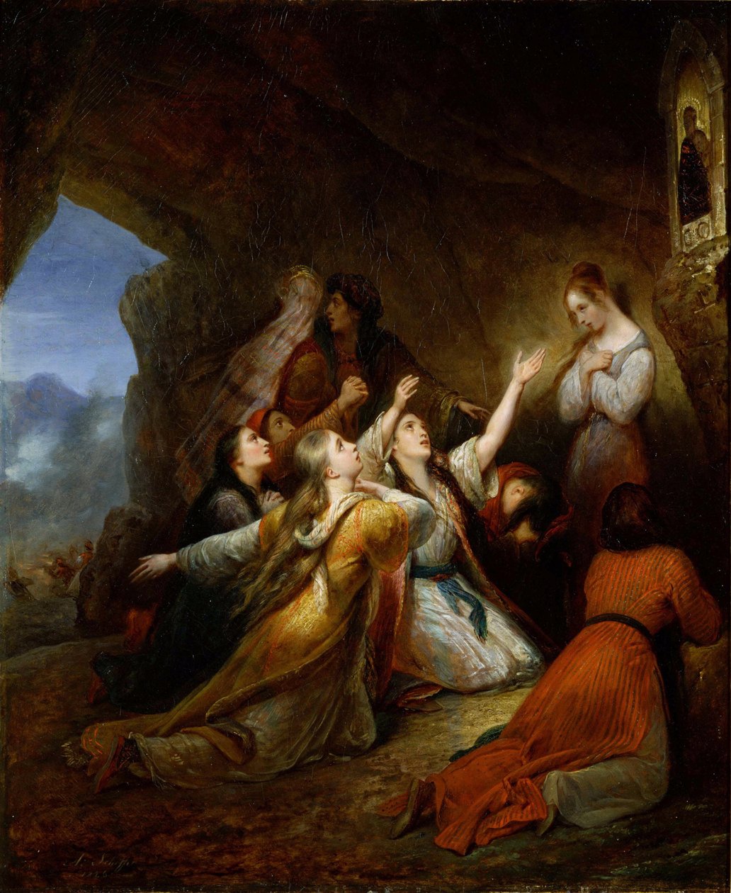 ""Greske kvinner ber om hjelp fra jomfruen"" (Greske kvinner bønnfaller til jomfruen til assistanse) Maleri av Ary Scheffer (1795-1858) 1826 Dim 65x55 cm National Museum of Western Art, Tokyo av Ary Scheffer
