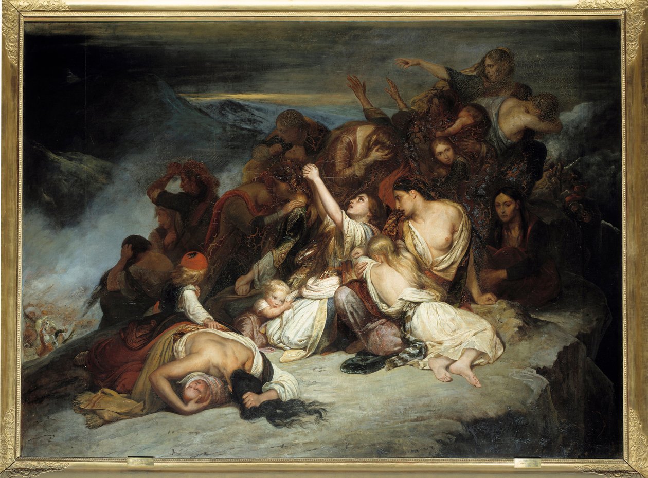 Den greske uavhengighetskrigen mot tyrkerne: "" Souliote-kvinnene, da de så mannen deres beseiret av troppene til Ali, Janinas pasha, bestemte seg for å kaste seg fra steinene""" Maleri av Ary Scheffer (1795-1858) 1827 Søn. 2,6x3,5 m av Ary Scheffer