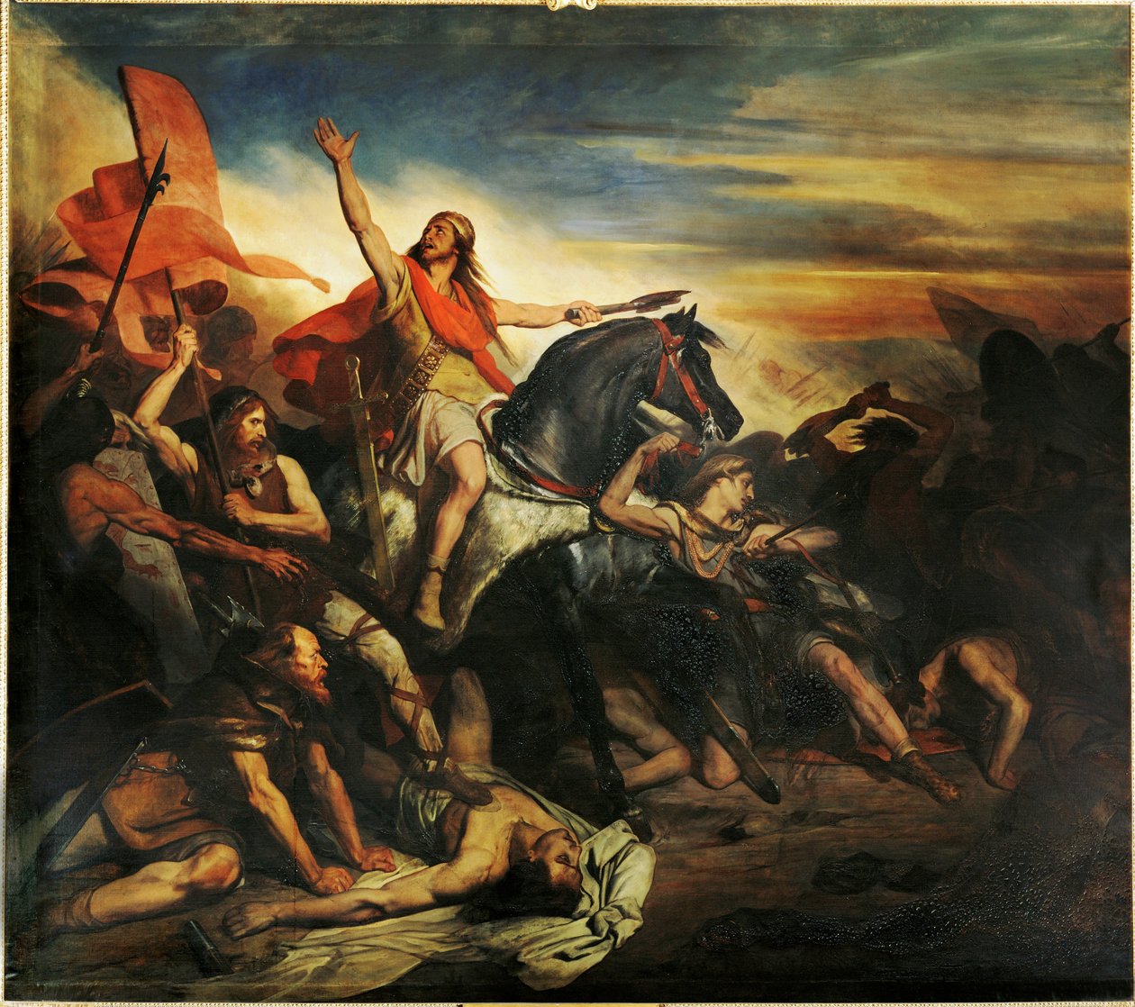 Slaget ved Tolbiac mellom alamanerne og frankerne av Siegbert … (maleri på lerret) av Ary Scheffer