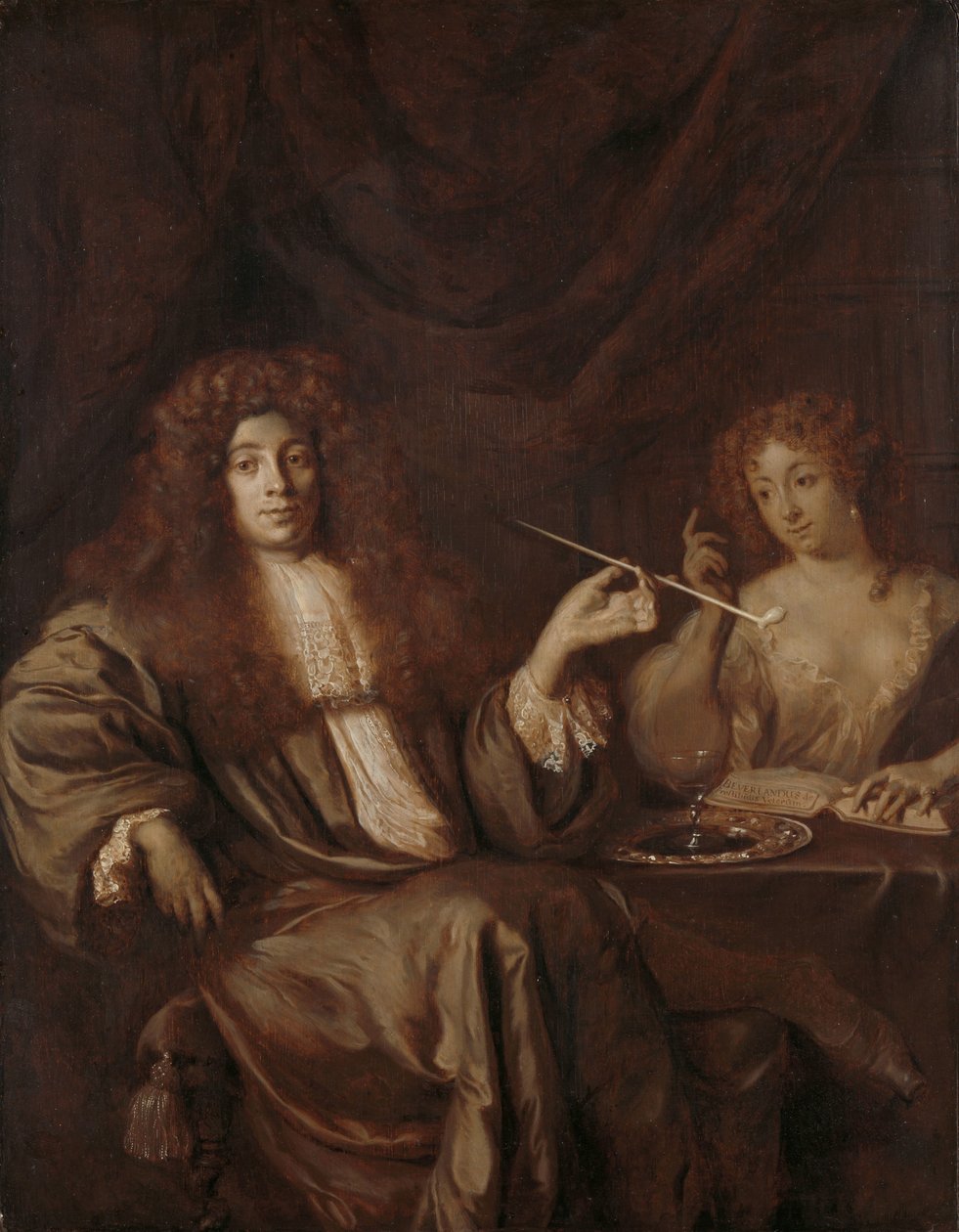Portrett av Hadriaan Beverland med en prostituert Adriaan van Beverland, forfatter av teologiske verk og satiriker, med en prostituert av Ary de Vois (attributed to)
