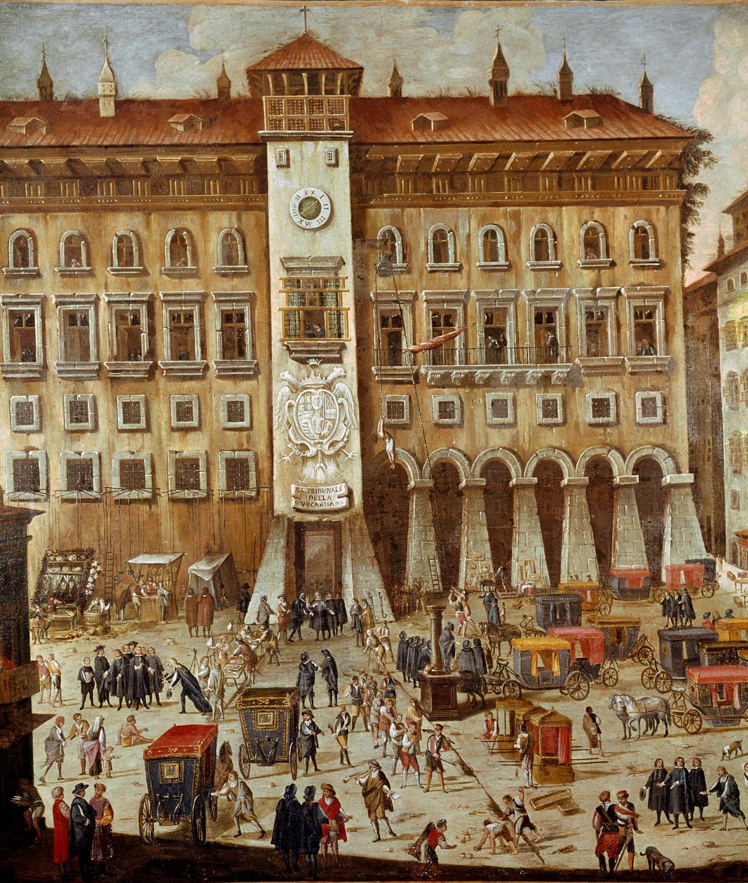 Sted for Vicaria-domstolen i Napoli på tidspunktet for revolusjonen til Masaniello. Kriminelle er dommere foran inngangen, en mann hengt i et tau - Detalj - Maleri av Ascanio Luciani (ca. 1621-1706) Napoli, Museo Nazionale di San Martino av Ascanio Luciani