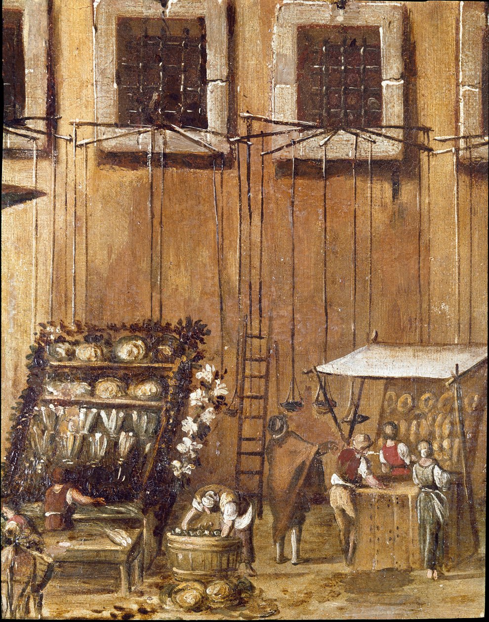 Sted for domstolen til Vicaria i Napoli på tidspunktet for revolusjonen til Masaniello. Kriminelle er dommere foran inngangen - Detalj som representerer selgere av brød og fisk - Maleri av Ascanio Luciani (ca. 1621-1706) Napoli, Museo Nazionale di San Ma av Ascanio Luciani
