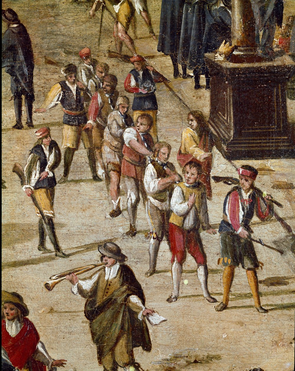 Sted for domstolen til Vicaria i Napoli på tidspunktet for revolusjonen til Masaniello. Kriminelle er dommere før inngangen - Detalj som viser en gruppe straffedømte lenket i nakken - Maleri av Ascanio Luciani (ca. 1621-1706) Napoli, Museo Nazional av Ascanio Luciani