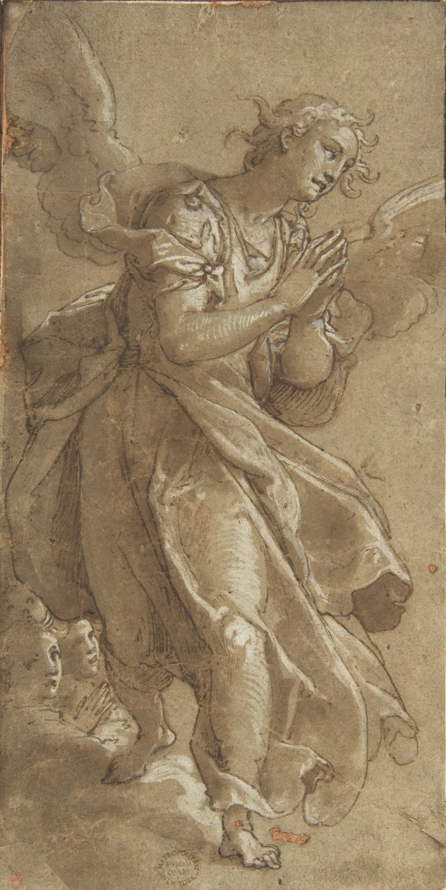En stående engel og to kjeruber, ca. 1566. av Ascribed to Federico Zuccaro.