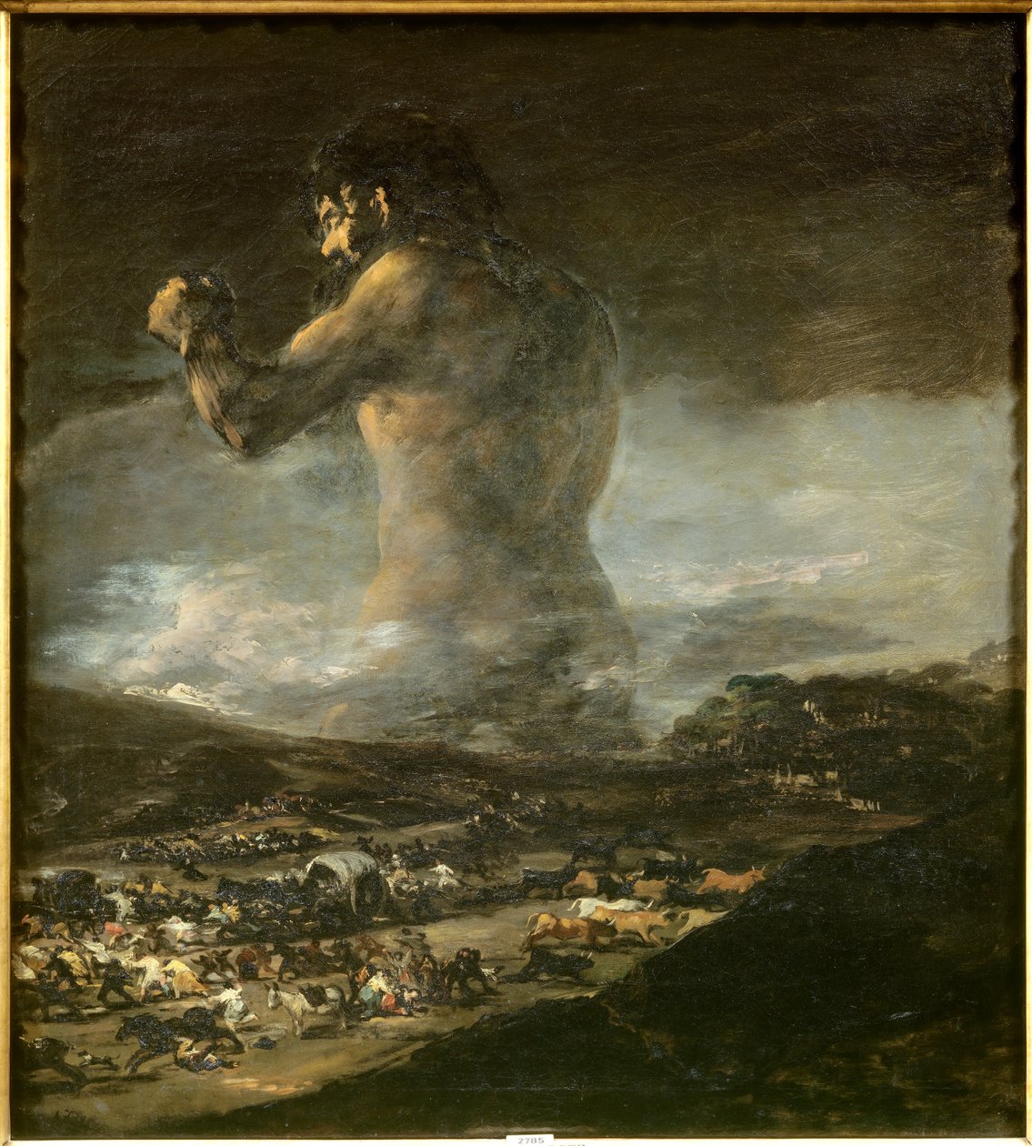 Colossus Silhouette av en gigant som går gjennom slettene i et veldig mørkt landskap og sår frykt, død, elendighet og flukt fra det spanske folket. Det er et symbol på Spanias uavhengighetskrig mot Napoleon I Bonaparte. Maleri lenge tilskrevet Fra av Asensio Julia