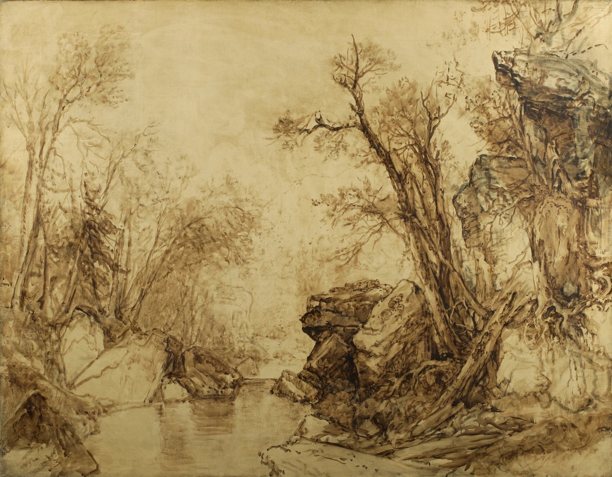 Landskap i sepia: Trees with Brook, 1854 (sepia olje på lerret) av Asher Brown Durand