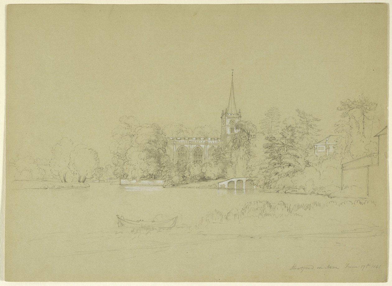 Parish Church, Stratford-on-Avon, England, 1841 (grafitt og hvit gouache på grått papir) av Asher Brown Durand