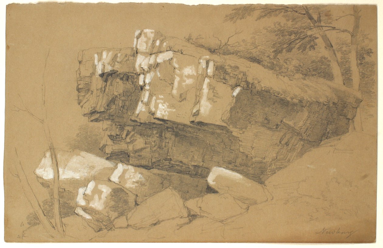 Study of Rocks, Newburgh, New York, 1849 (grafitt og hvit gouache på brunt papir) av Asher Brown Durand