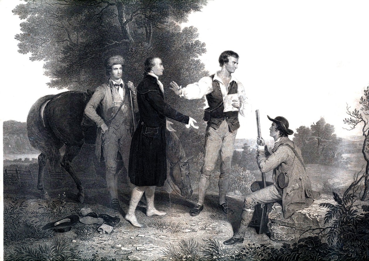 Fangsten av britene av den britiske spionen major John Andre (gravering) av Asher Brown (after) Durand