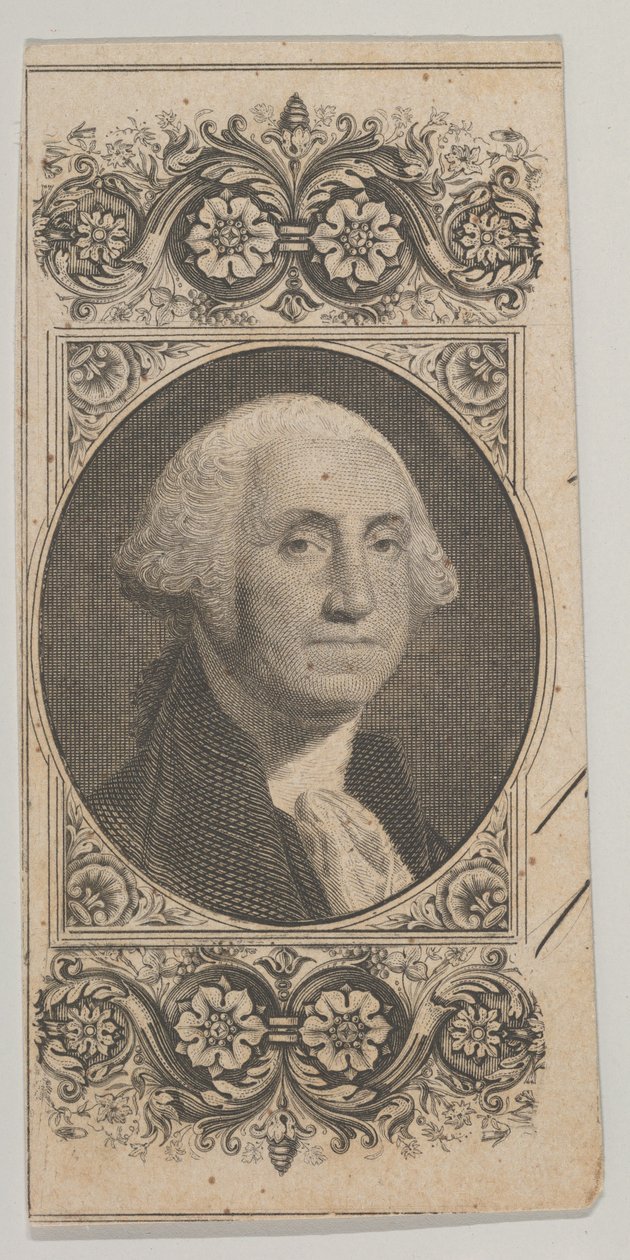 Seddelmotiv: Portrett av George Washington i et dekorativt panel, ca. 1824-37. av Asher Brown Durand.