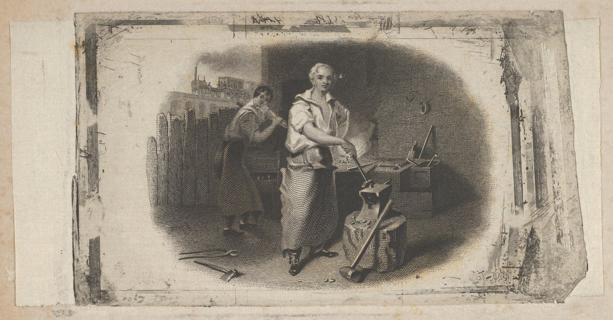 Seddelvignett med smed og smie, ca. 1824-37. av Asher Brown Durand.