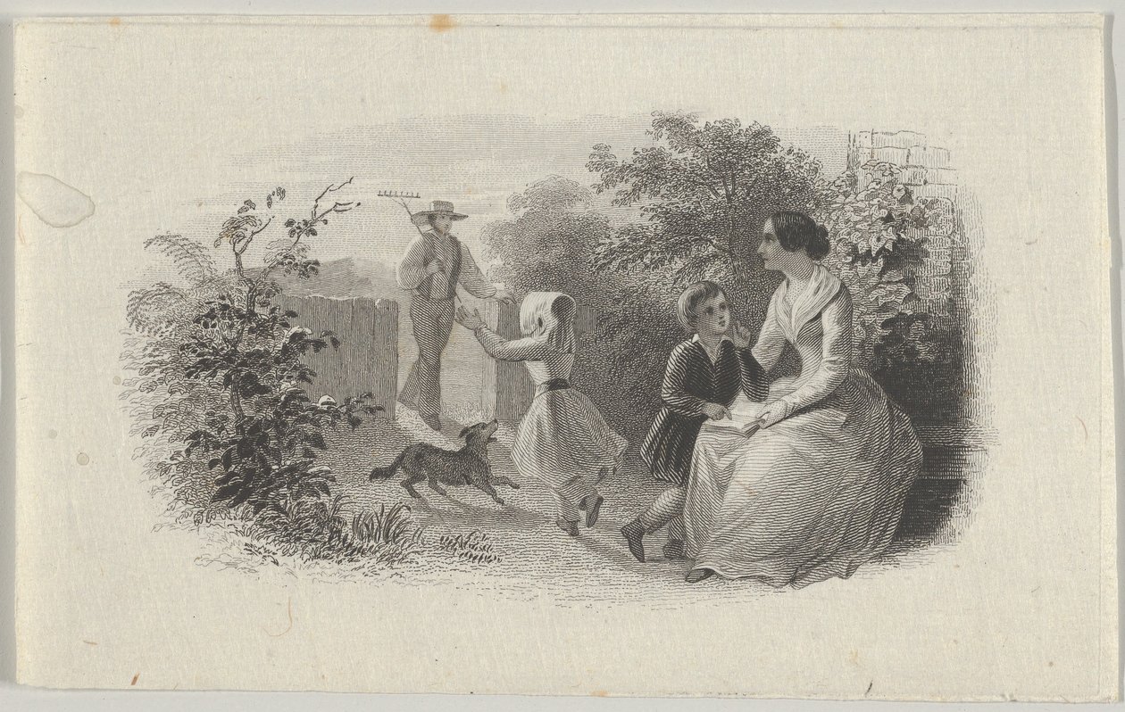 Seddelvignett med familie i en hage, ca. 1824-37. av Asher Brown Durand.