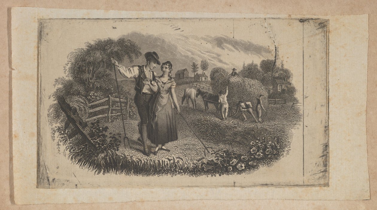 Seddelvignett med slåttemaskiner som symboliserer landlig industri, ca. 1824-37. av Asher Brown Durand.