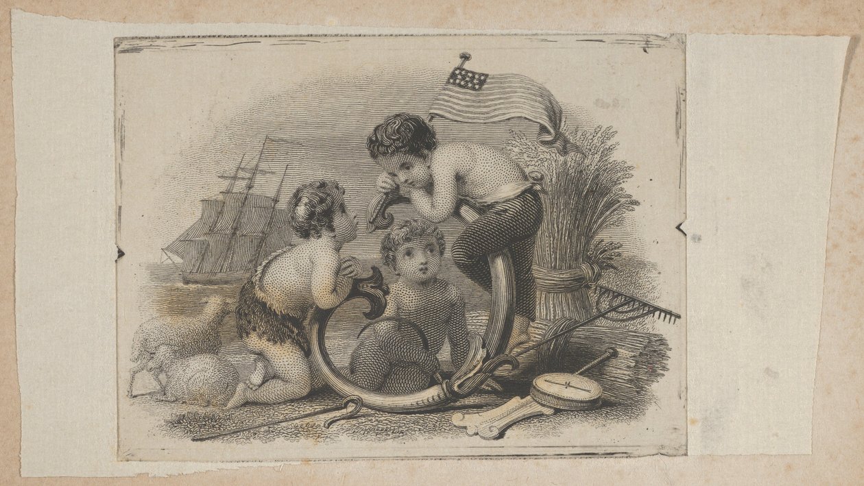 Seddelvignett med tre putti som gjeter, bonde og sjømann, ca. 1824-37. av Asher Brown Durand.