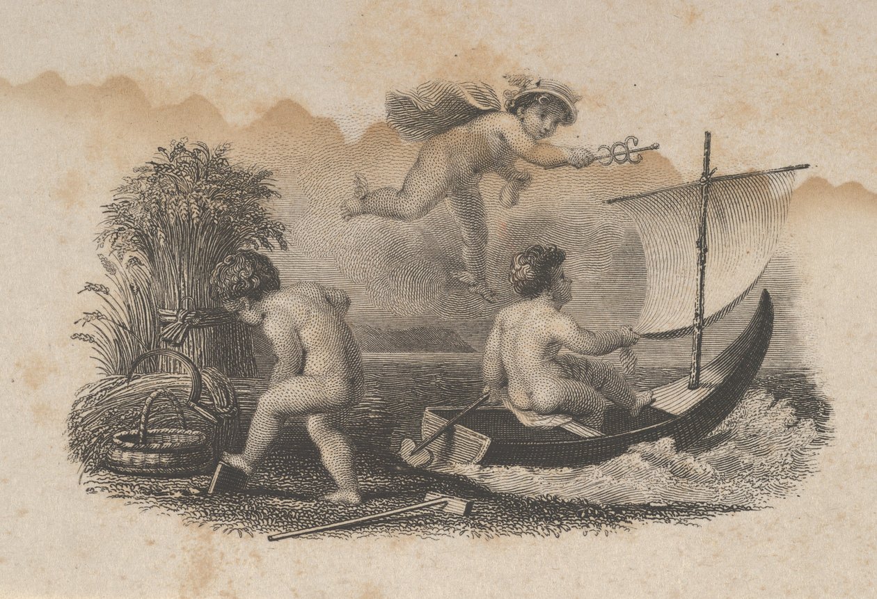 Seddelvignett med tre putti som symboliserer handel og jordbruk, ca. 1824-37. av Asher Brown Durand.