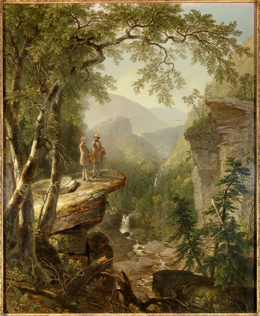 Åndens brorskap Maleren Thomas Cole (1801-1848) og poeten William Cullen Bryant (1794-1878) samhandler i et romantisk landskap. Maleri av Asher Durand (1796-1886) 1849 Privat samling - Kindred Spirits. Den store kunstneren til Hudson River av Asher Brown Durand