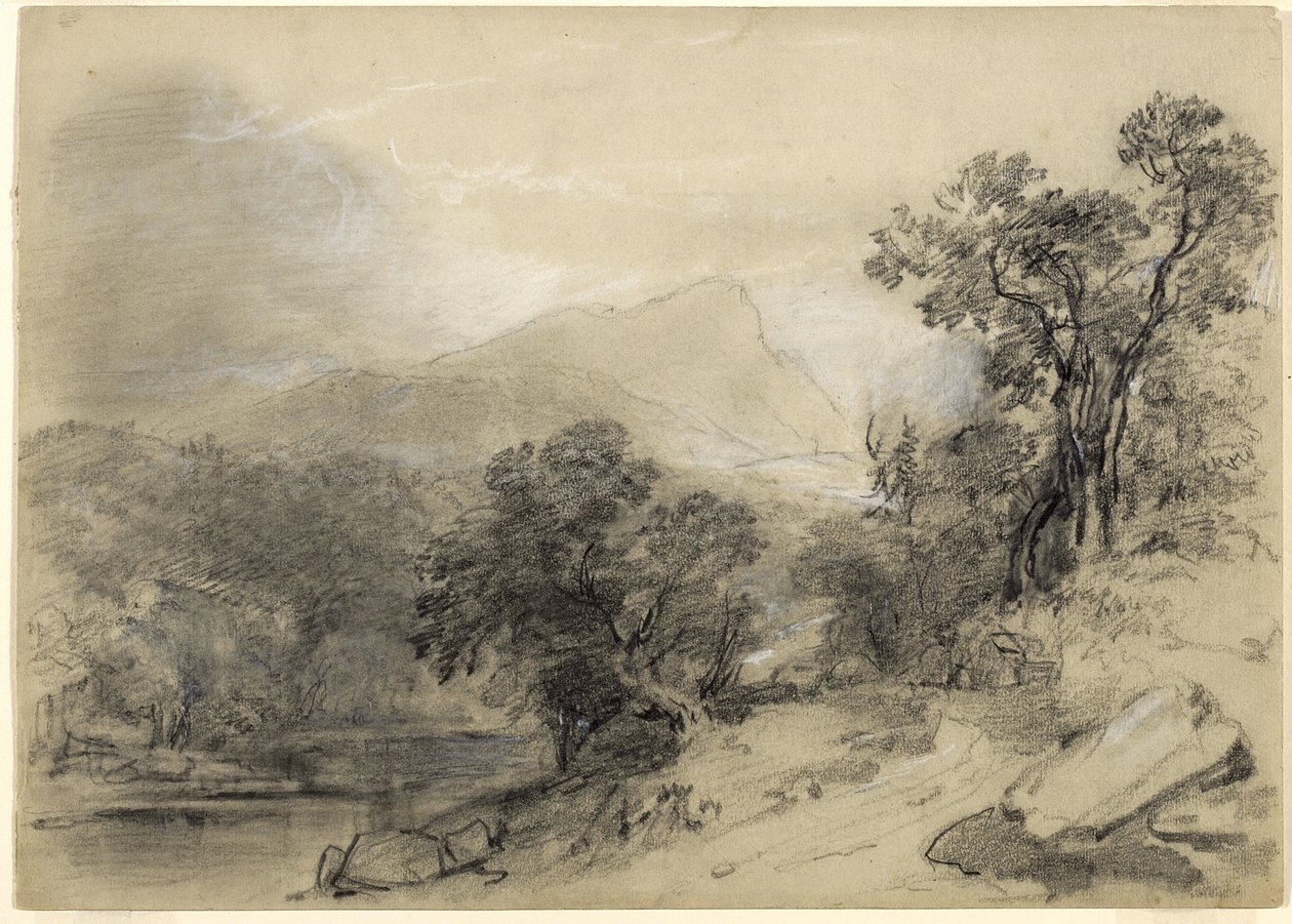 Studie for landskapssammensetning: In the Catskills, 1848 (grafitt, hvitt kritt, kull og hvit gouache med utskraping og stumping på kakipapir) av Asher Brown Durand