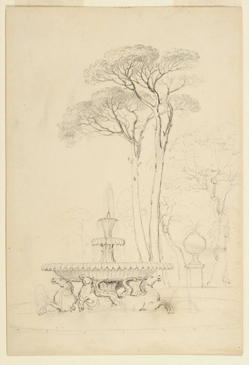 Utsikt over Hippocampus-fontenen - Fontana de' Cavalli Marini av Cristoforo Unterberger, 1791 - i Borghese-hagene, Roma, Italia, 1841 (grafitt på papir) av Asher Brown Durand