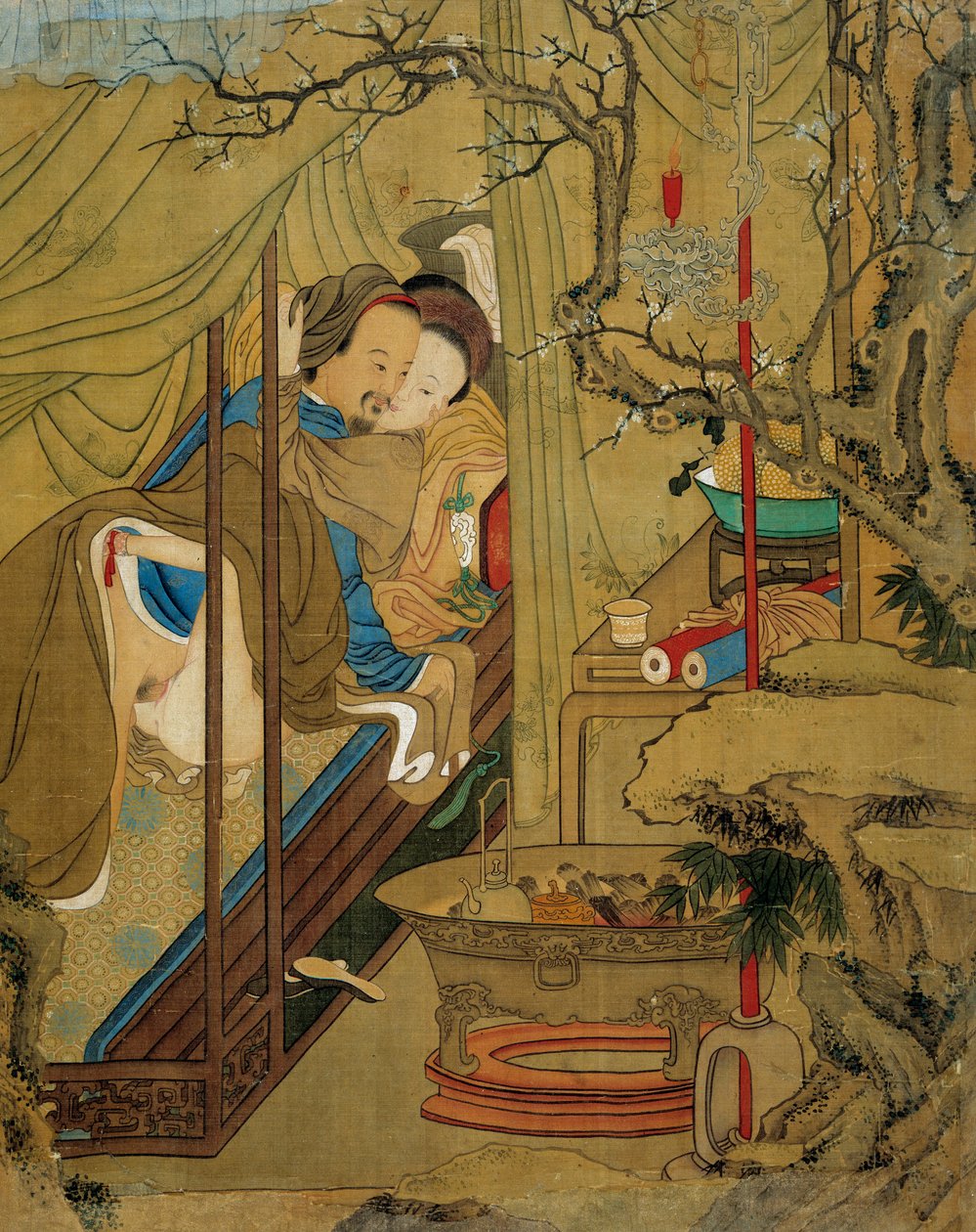 Asiatisk kunst: erotisk scene. Et par under kjærlighetshandlingen i en seng. Maleri på silke fra 1700-tallet. Privat samling av Asian School