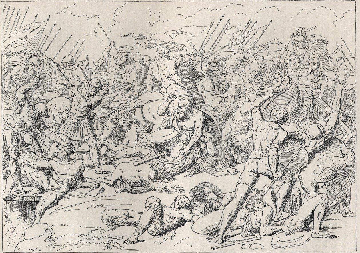 Peloponnes-krigen: Slaget ved Potidee (La battaglia di Potidea) der den greske filosofen Sokrates reddet livet hans i Alcibiade. (Engraving d