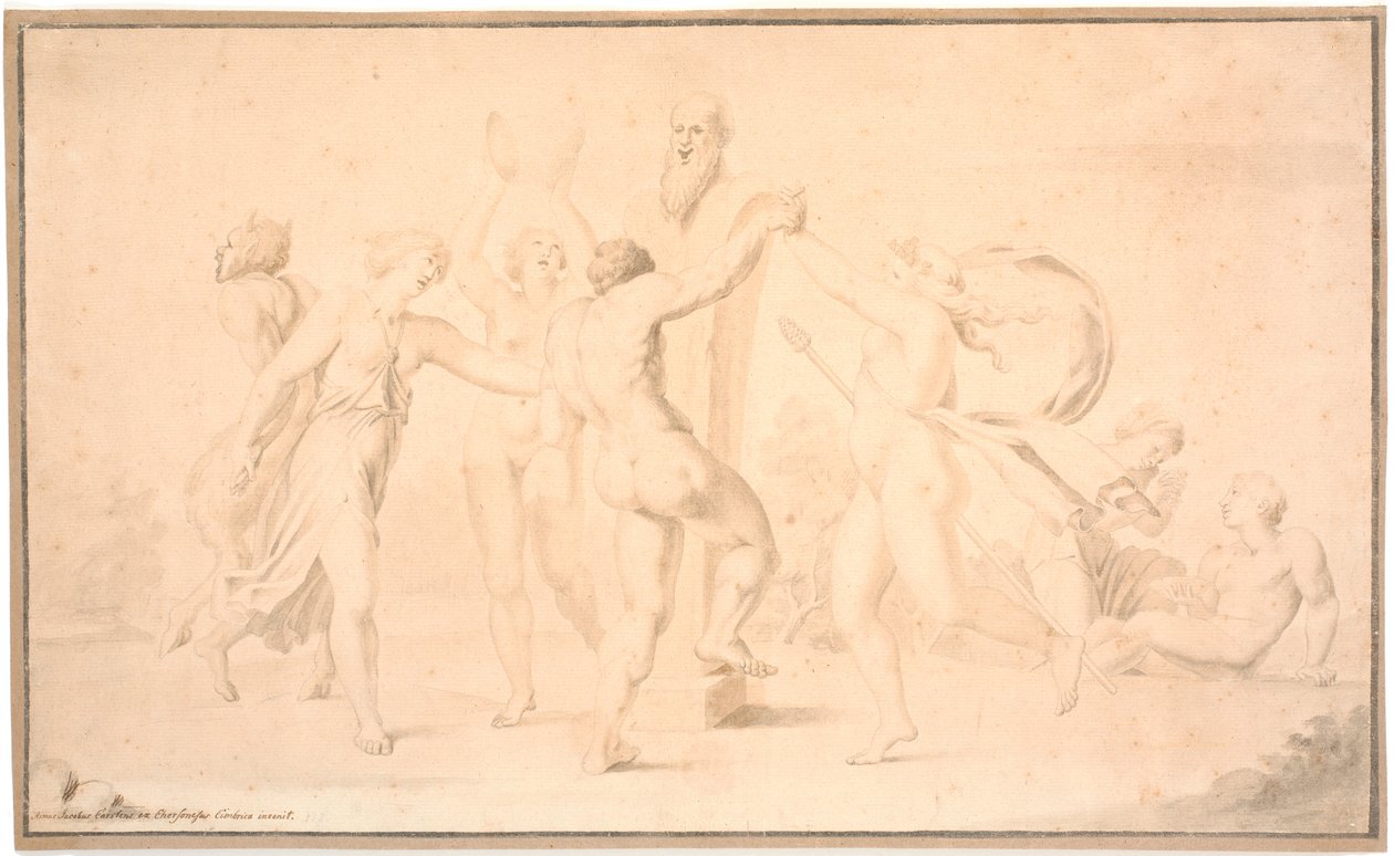 Bakkanal. En satyr, en bakkant og tre bakkantinder danser om Priapsherme av Asmus Jacob Carstens