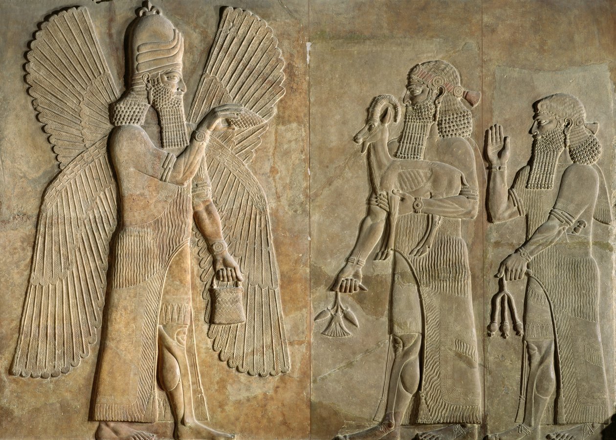 Frise som viser en bevinget ånd, en sargon eller prest som bærer en gaselle og en tilbeder som bærer en valmuestamme, fra Palace of Sargon I, Khorsabad, Irak av Assyrian