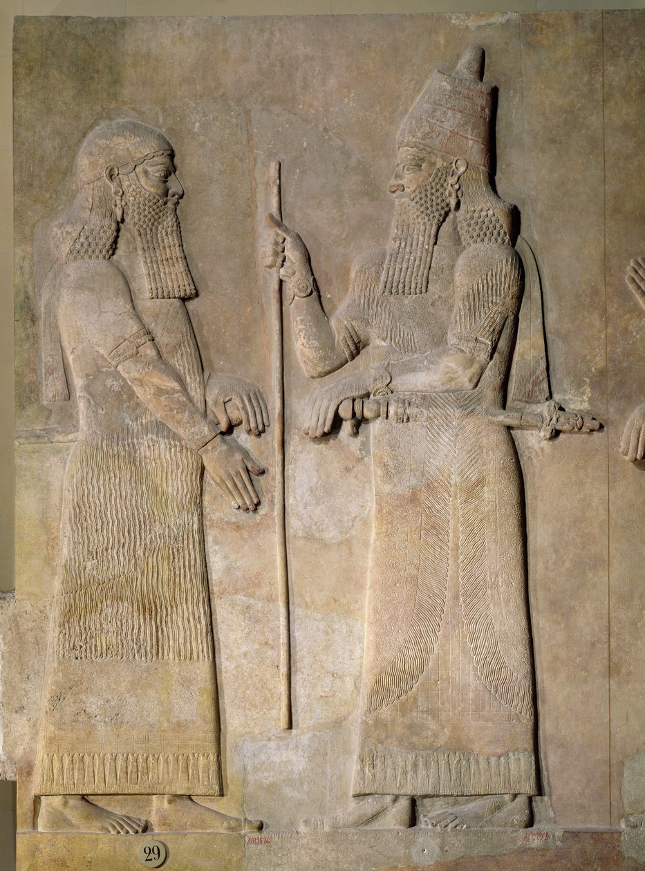 Relieff som viser Sargon II (721-705 f.Kr.) og en vesir, fra Palace of Sargon II i Khorsabad, Irak (gips) av Assyrian
